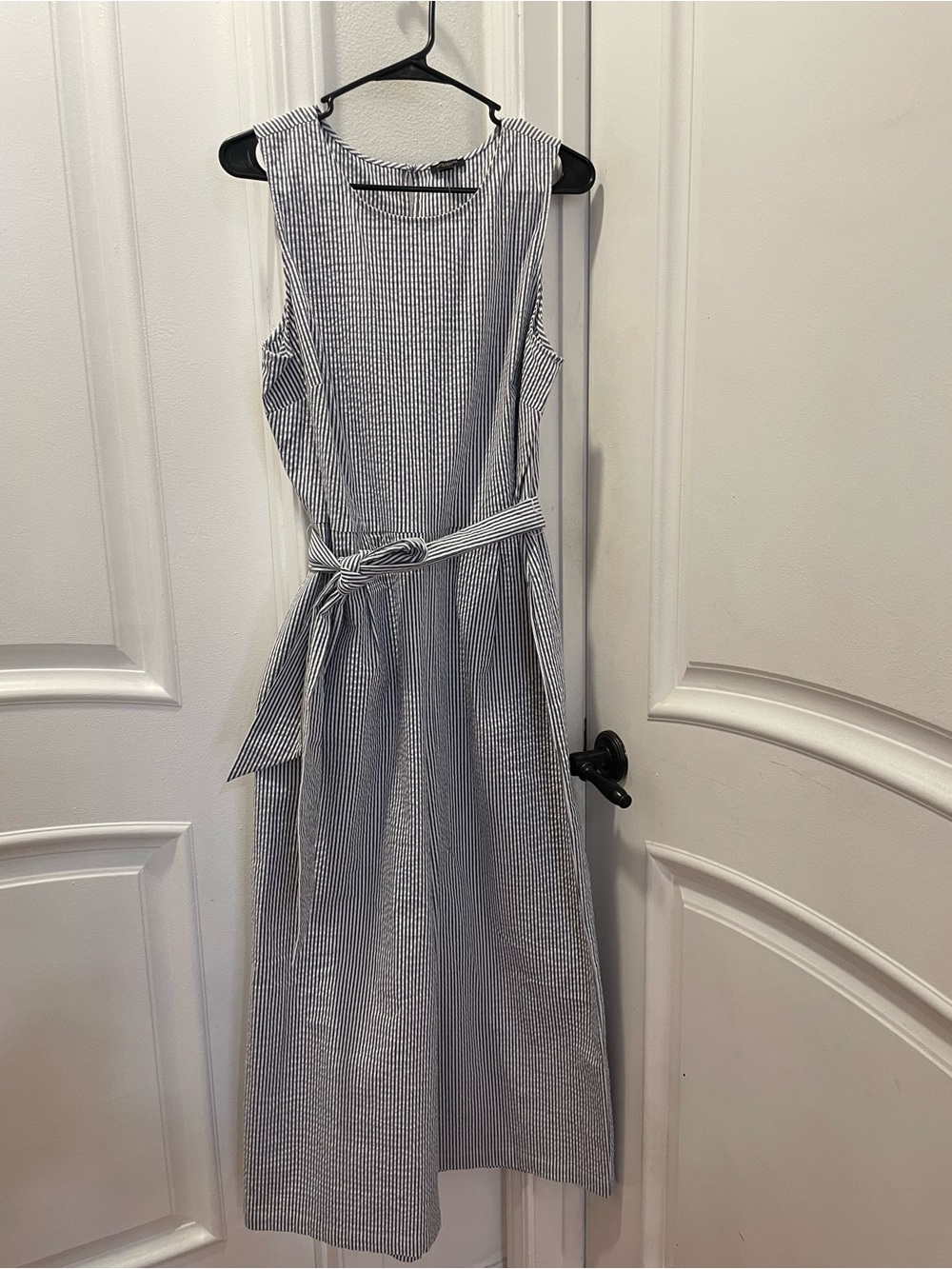 Ann Taylor Navy & White Striped Sleeveless Midi romper with Tie Waist